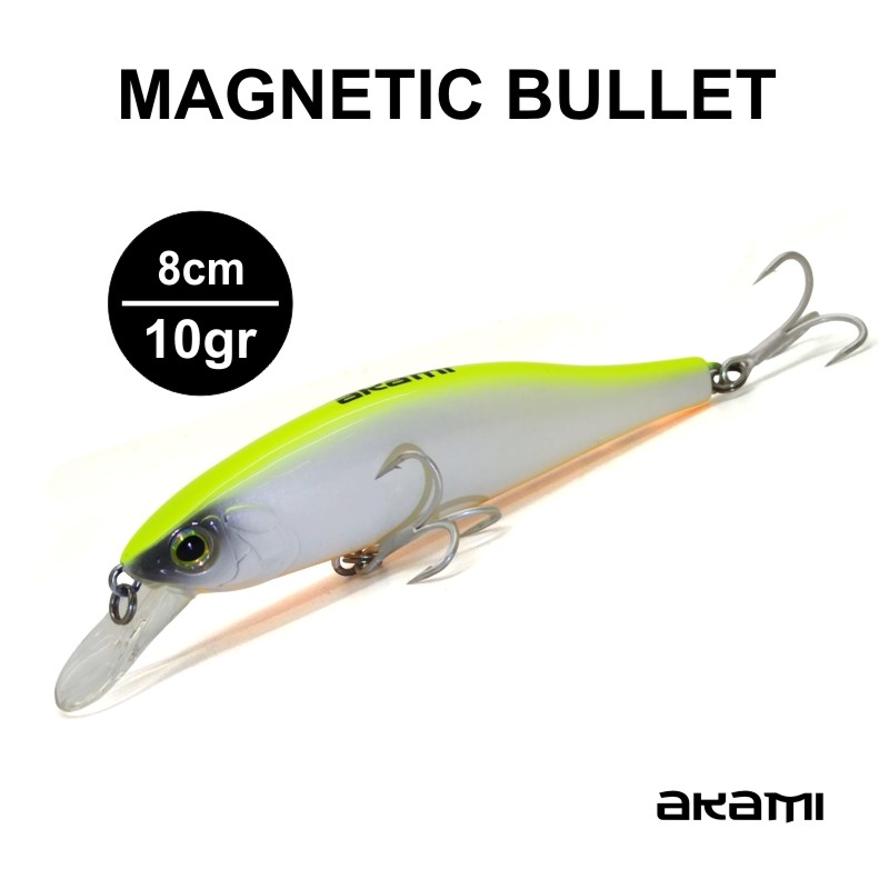 Amostra Akami Magnetic Bullet para light spinning com sistema magnético MAGNET CAST, ideal para pesca ao robalo e outros predadores costeiros.