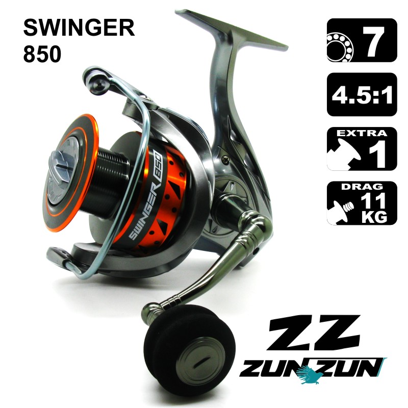 Carreto SWINGER Zun Zun para pesca à bóia, spinning, kayak e light jigging com corpo em grafite e manivela metálica.