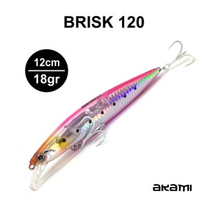 Amostra Akami BRISK Jerk com sistema de transferência de peso por mola IMPULSE CAST e pintura prismática PRISMATIC PAINT, ideal para pesca de robalo e outras espécies em água doce e salgada.