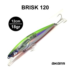 Amostra Akami BRISK Jerk com sistema de transferência de peso por mola IMPULSE CAST e pintura prismática PRISMATIC PAINT, ideal para pesca de robalo e outras espécies em água doce e salgada.